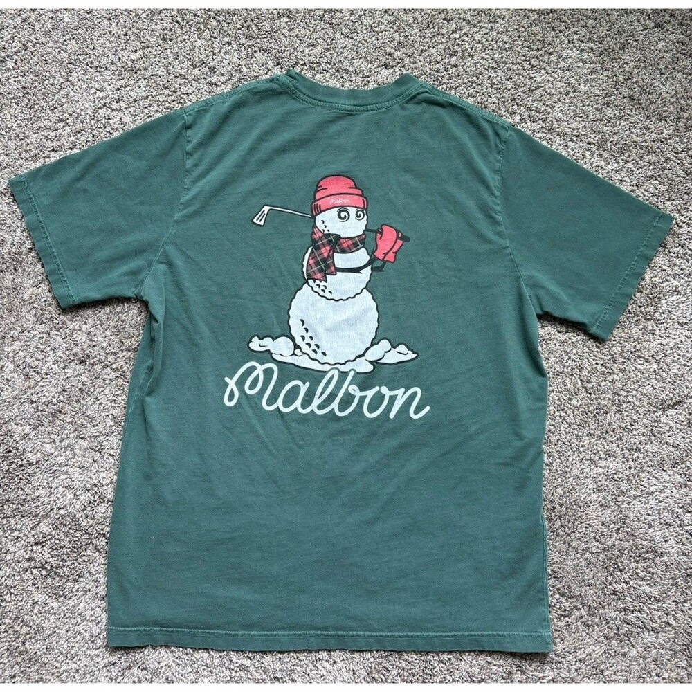 MALBON GOLF CHRISTMAS SNOWMAN SHIRT FOREST GREEN SIZE MEDIUM